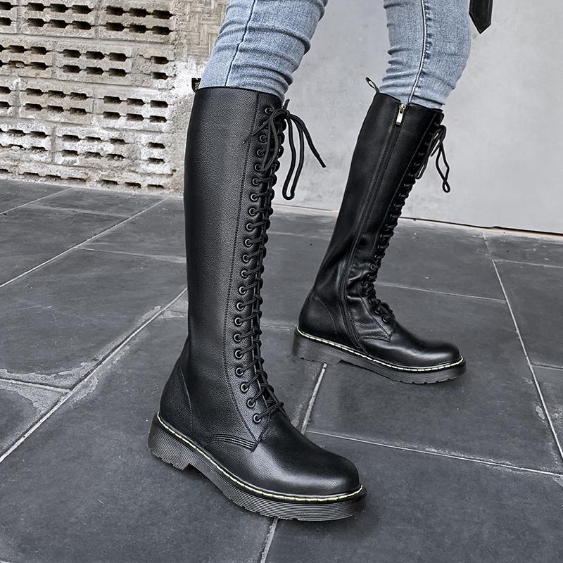 

Elegant Platform Genuine Leather Women Winter Boots Cross Tied Chunky Heels Women Fashion Party Basic Shoes Woman, Black