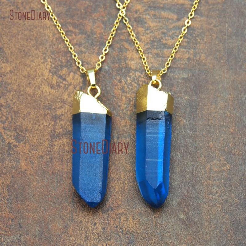 

Wholesale Blue Freeform Crystal Quartzs Hexagonal Prisms Necklace With Gold Plating Single Bail Crystal Pendant Necklace NM11573