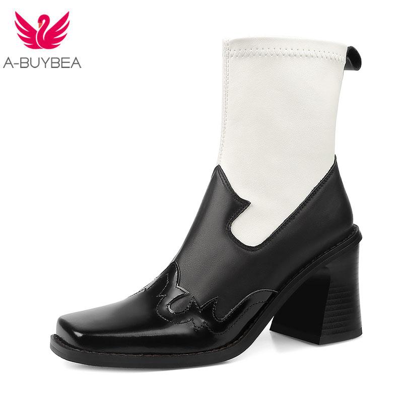 

Genuine Leather Square Toe Women Ankle Boots Zipper High Heels Winter Boots Women Spring/Autumn Square Heel Shoes, White and black