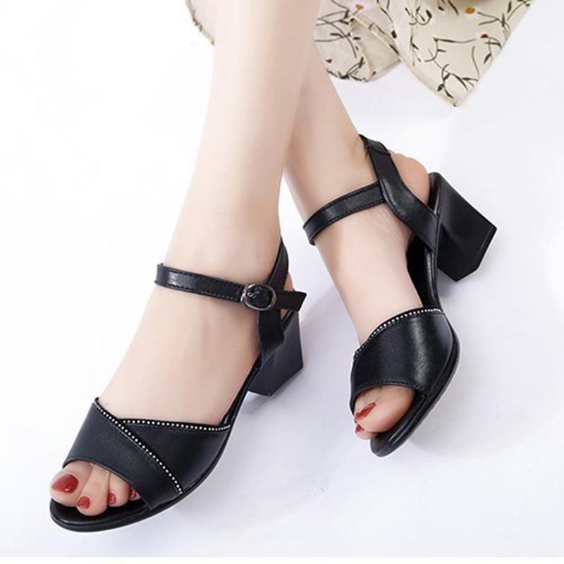 

Mature Office buckle band sandals women slippers chunky high heels shoes woman sandalias crystal narrow band femmes sandales20201, Black
