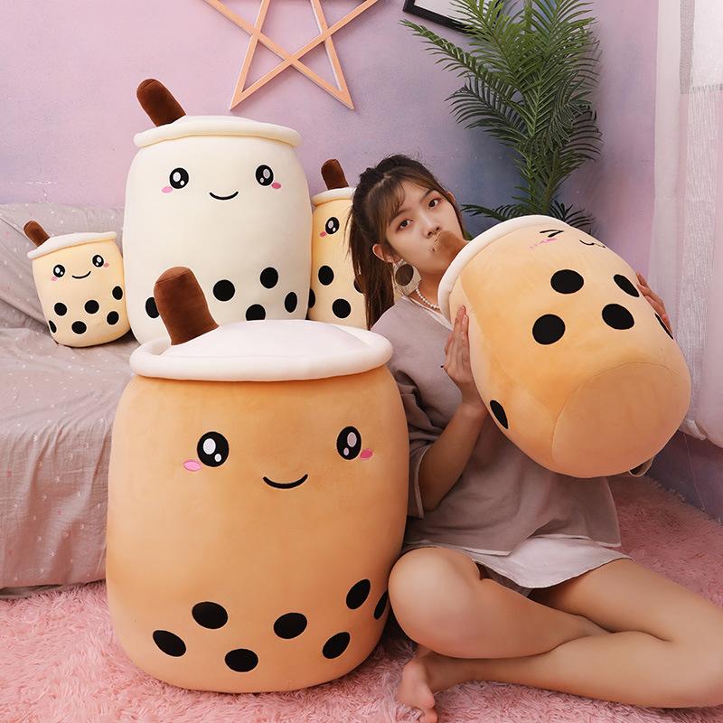 

Cute Bubble Cup Pillow With Suction Tubes Cartoon Boba Milk Cushion Home Decor Soft Stuffed Back Cushions Gifts For Kids, White