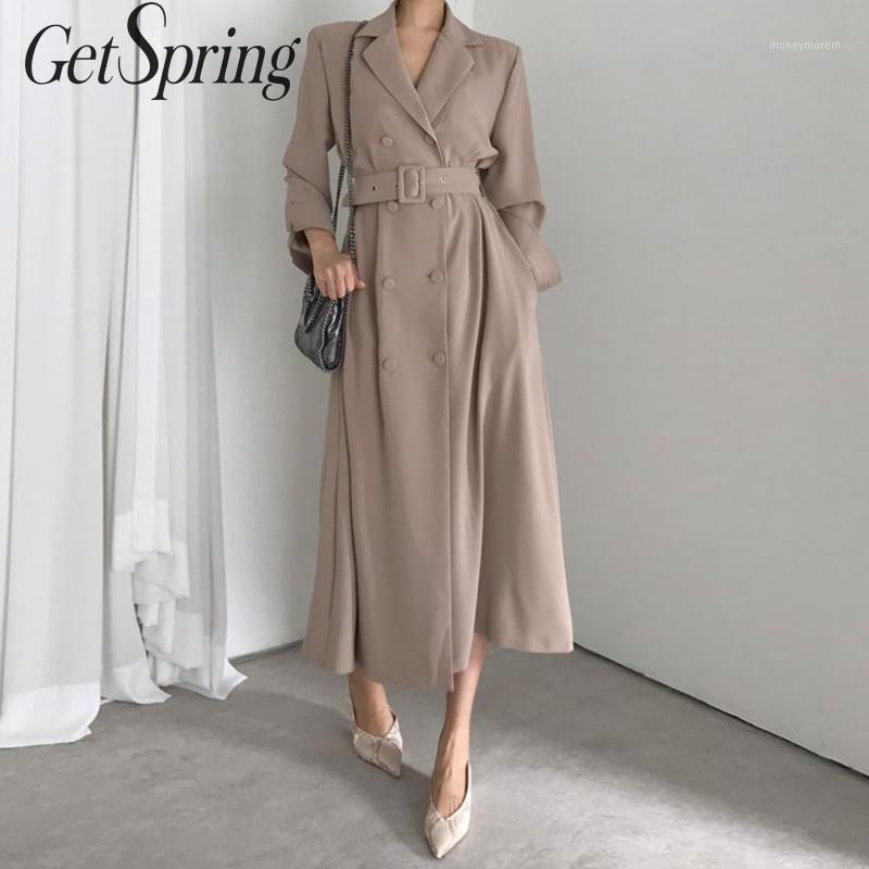 

GETSPRING Women Trench Coat Khaki Black Double Breasted Long Trench Coats Vintage Fashion Turndown Collar Coats Women Overcoat1