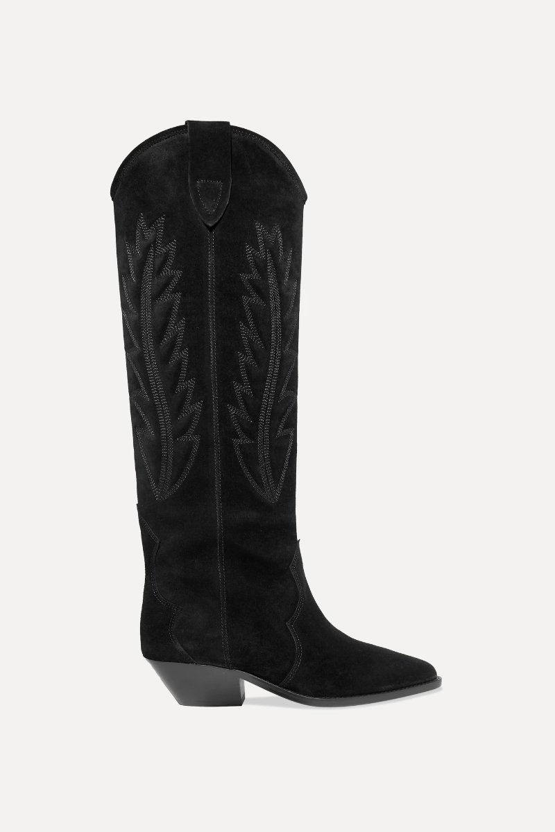 

Women Shoes Paris Black Denzy Boots Embroidered Suede Knee Cowboy Boots, As pic