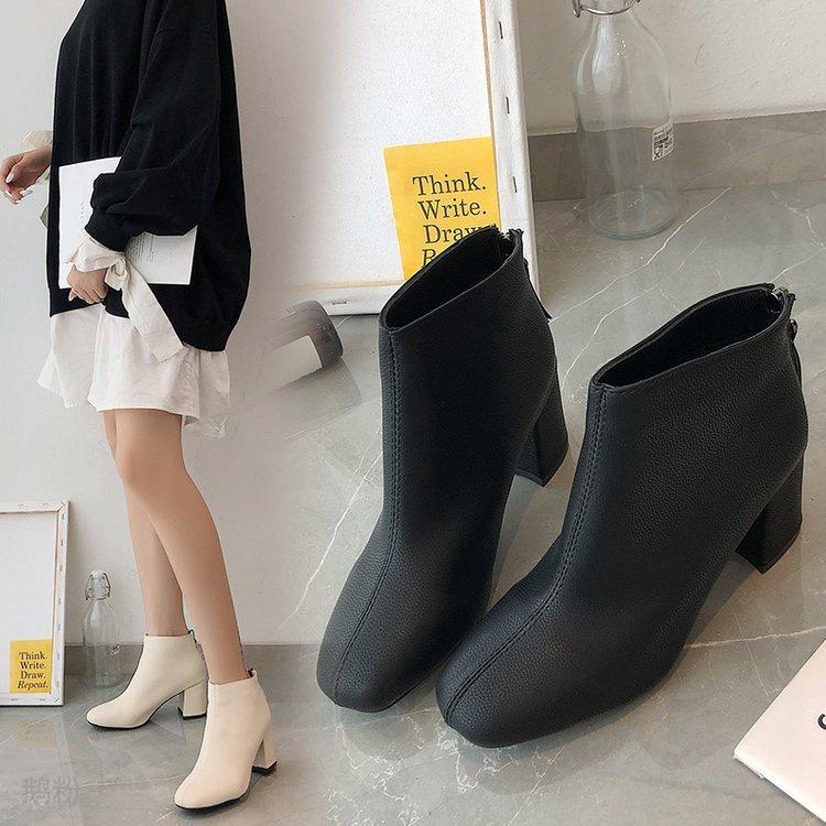 

Style British Boots Women's 2021 New Autumn Thick Heel Ladies Single Boots Wild Square Toe Net Red Short, Black