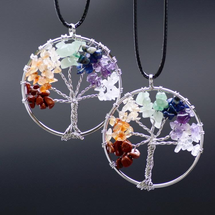 

Life of Tree Necklaces 7 Chakra Stone Beads Natural Citrine Amethyst Agate Pendant Necklace Leather Chains Christmas Gifts