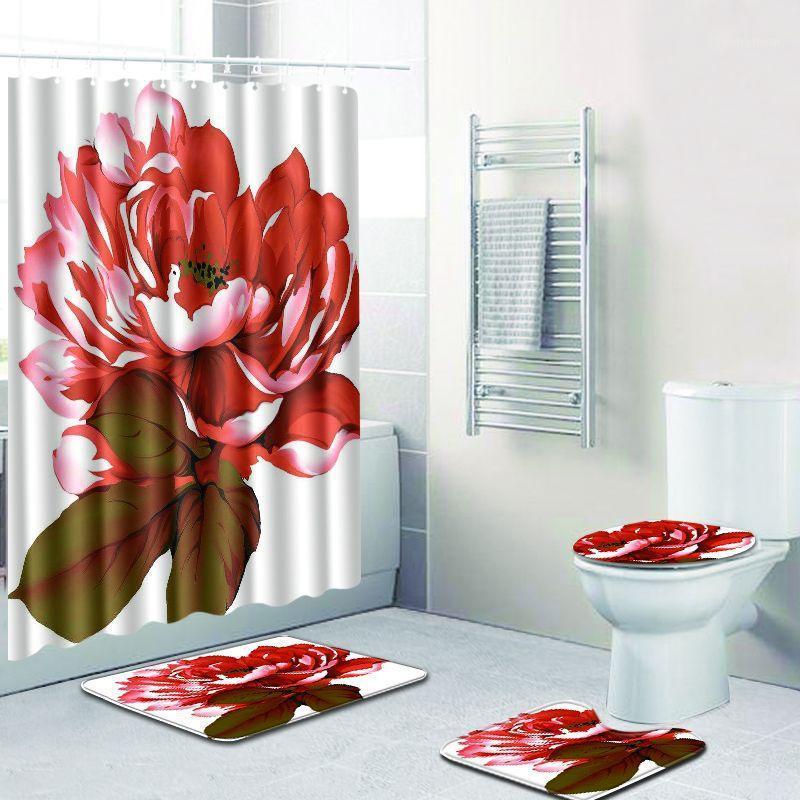 

Bathroonm decoration shower curtains 3d flowers printed bath curtain set waterproof fabric rose bathroom curtain with mat1