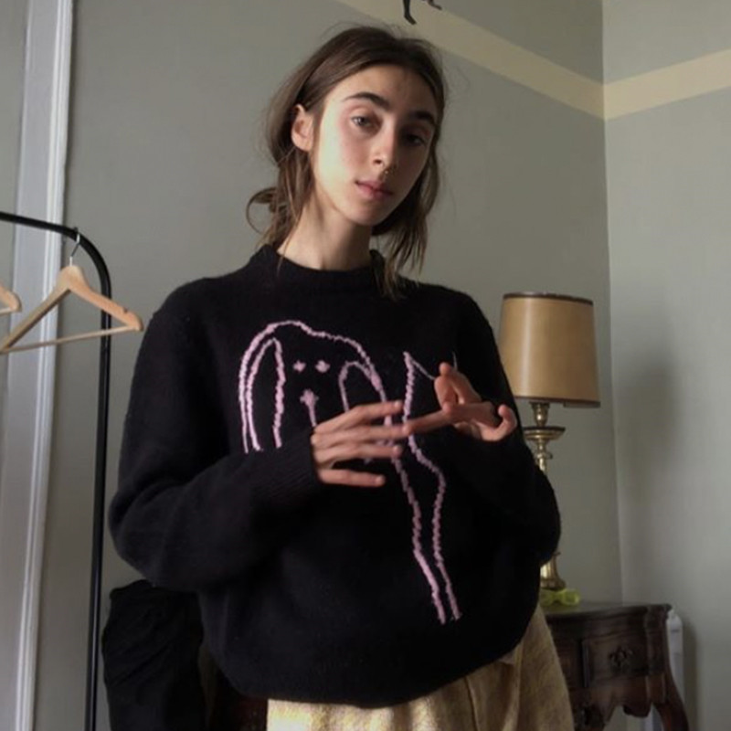 

2021 New Kawaii Female Retro-black Sweaters Cartoon Jersey Around the Neck a Loose Sweater Outside Wear Oversized Jumpers MP2V