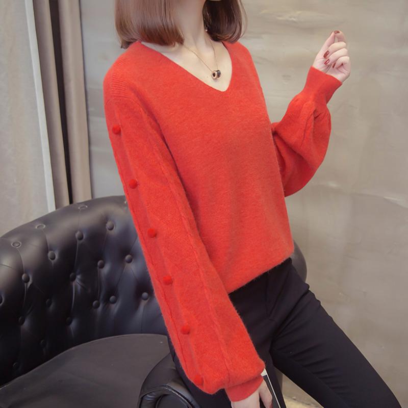 

Plus Size V-neck Sweaters Women 2021 Winter Knitted Pullovers Oversize Elegant Lace Up Lantern Sleeve Loose Thick Jumpers Femme, Black