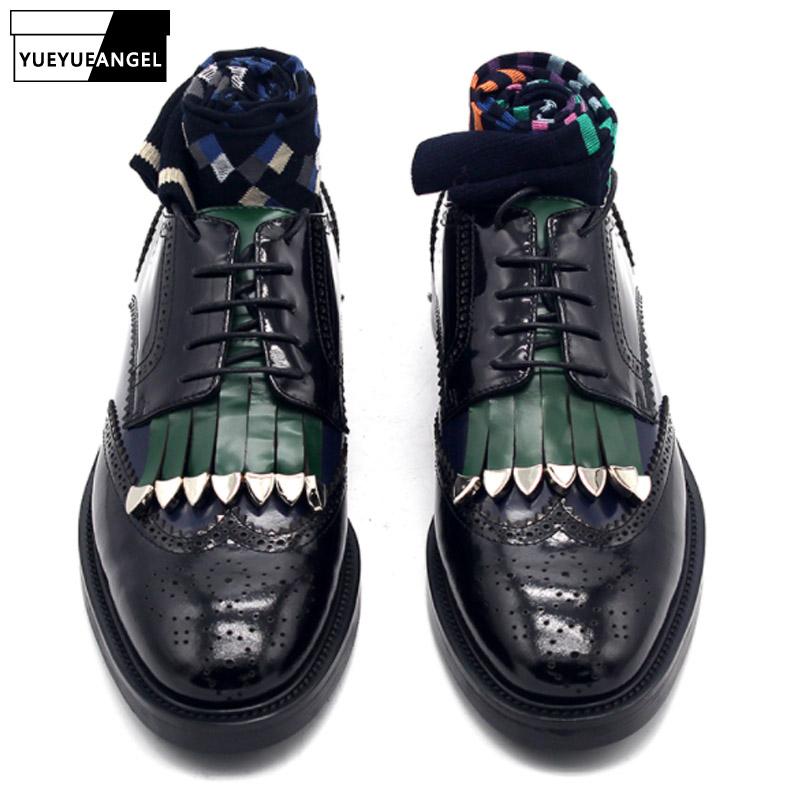 

2020 New Brogues Genuine Leather Shoes Men Carved Tassel Metal Derby Shoes British Style Party Pointed Toe Flat Plus Size, As photos