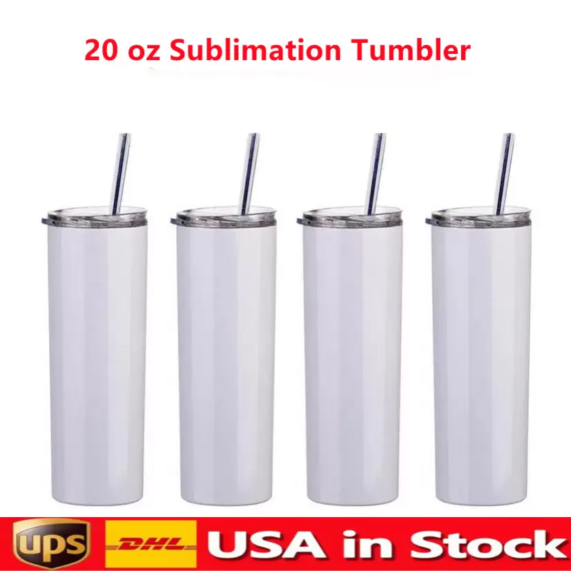 

US Stock 20oz sublimation straight tumblers blanks white Stainless Steel Mug Vacuum Insulated Slim DIY 20 oz Cup Car Coffee Mugs, 1 tumbler+1 plastic straw+1 lid