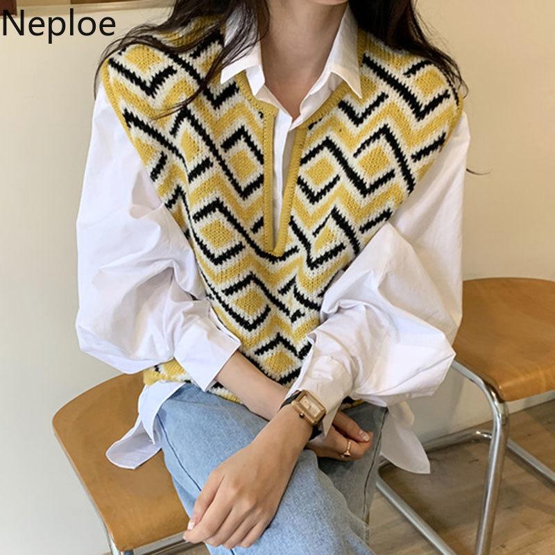 

Neploe Sweaters Women V-neck Sleeve Knitted Vest Waistcoat White Shirt Tops Ropa Mujer Korean Fashion Knitwear Tank Coat 4G604