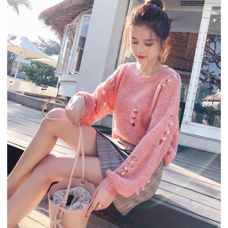 

Women New 2021 Spring Autumn Fashion Hollow Out Knitted Sweater Female Round Neck Pullover Long Sleeve Casual Jumper Tops E120, Pink