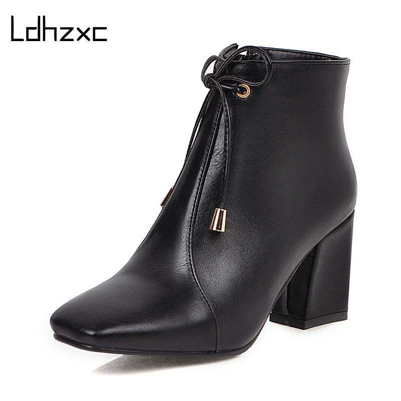 

LDHZXC 2020 fashion Women Shoes Boots Spring winter Chunky Heel Ankle Boots Fashion Bows Black White Wedding Shoes Bride