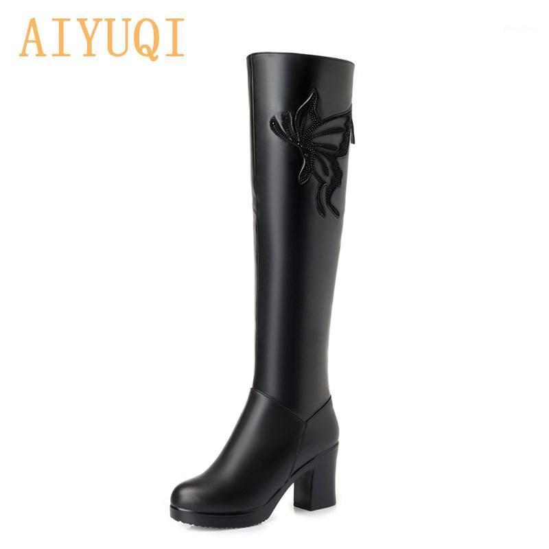 

AIYUQI Women Knee High Boots 2020 New Winter Genuine Leather Plus Velvet Ladies Knight Boots Fashion Butterfly Long Women1, Black fluff