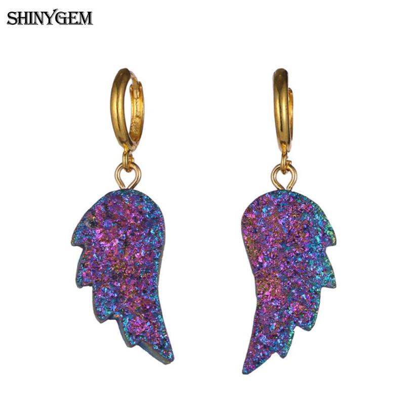 

ShinyGem Classical Angel Feather Wing Natural Druzy Crystal Hoop Earrings Gold Plating Hoop Drop Stone Earrings For Women Gift