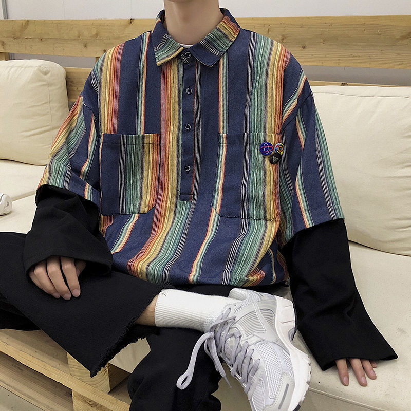 

New Men's Casual Stripe Shirts 2021 Fashion Male Streetwear Man Oversized Blouse Long Sleeve Shirt Tops Clothing Tlik, Blue