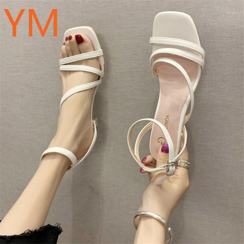 

2020 Summer Gladiator Sandal Fashion Narrow Band PU Leather Women Square Head Ankle Buckle Strap Stiletto Pumps Women Sandals1, Beige