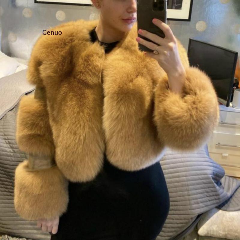 

Furry Cropped Faux Fur and Leather Patchwork Jacket Round Neck Women Faux Fur Short Coat Fake Outwear Winter Overcoat, Red