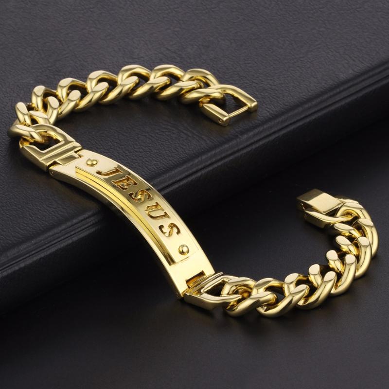 

Men Link Chain Bracelets Engraved Jesus Bracelet Stainless Steel Jewelry Christian Items Gold/Silver Color Christmas Gift SL020