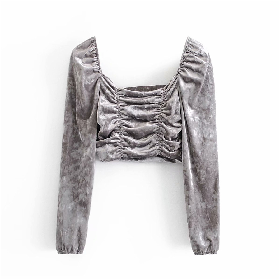 

2021 New Elegant Women Solid Siery Veet Shirts Autumn Fashion Ladies Draped Tops Sweet Female Chic Square Collar Short Blouse 51pc, Silver