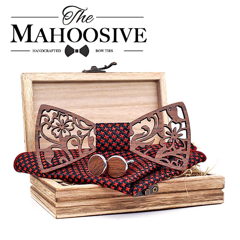 

Mens 4PCS Wooden bow Tie Set Men Handkerchief wood Bowtie Cufflinks Necktie Silk Ties For Business Wedding Party Hombre