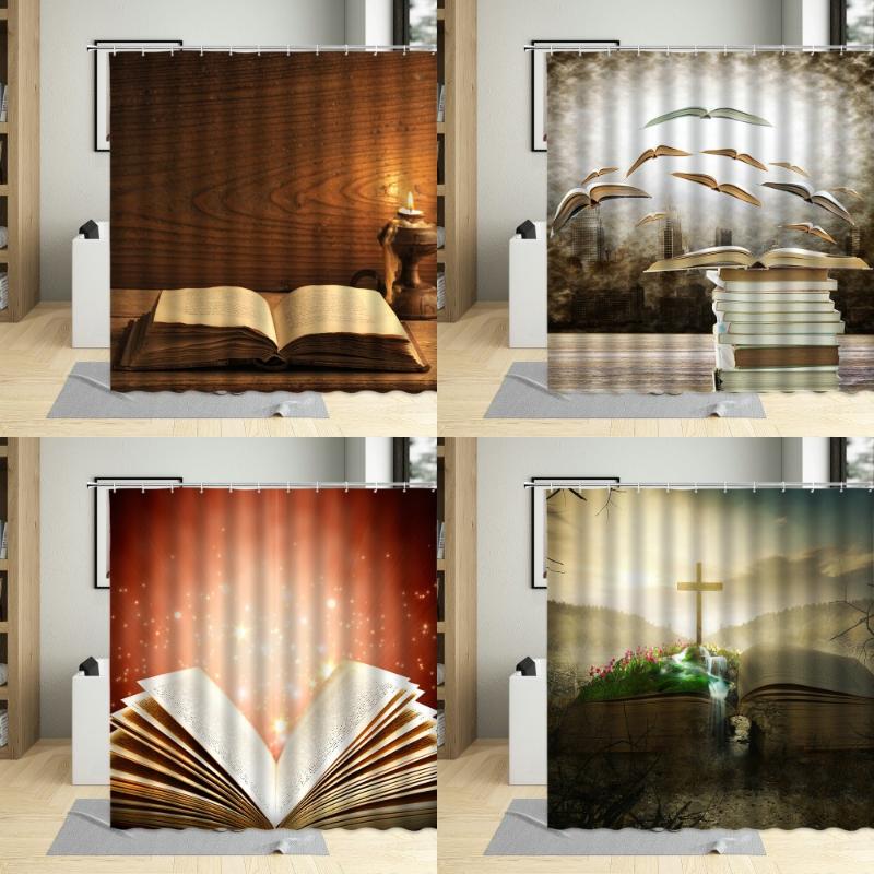 

Creative Waterproof Shower Curtain Retro Textbooks Printing Education Concept Books Bathroom Decor Polyester Curtains With Hooks
