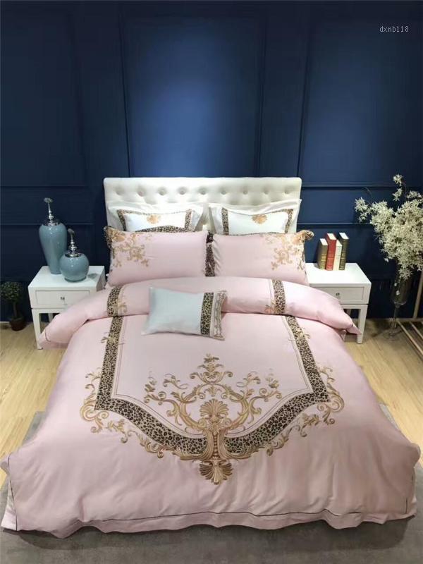 

30Luxury Egyptian cotton gold embroidery Pink lady style bedding sets queen king size wedding duvet cover bed sheet set1, Color 1