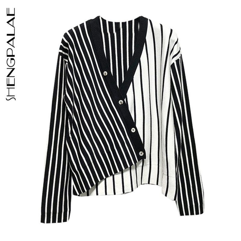 

SHENGPALAE New Spring Women Stripe Pullover Button Knitting Shirt Casual Female V-neck Long Sleeve Loose Thin Sweater HD483 201023, Black