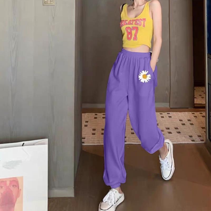 

2021 New Elegant Floral Embroidery Women's Fashions Elastic Waistline Breathable Jogger Plus Female Size Loosed Ninth Pants I0O9, Red rose