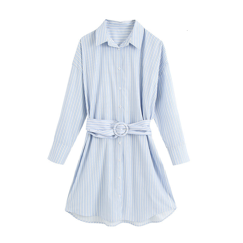 

New Female Minivan Dress in Long Sleeves Striped Stripes Thin Clothes Turn Down Office Lady Collar Party-style Shirt W1wl, Blue