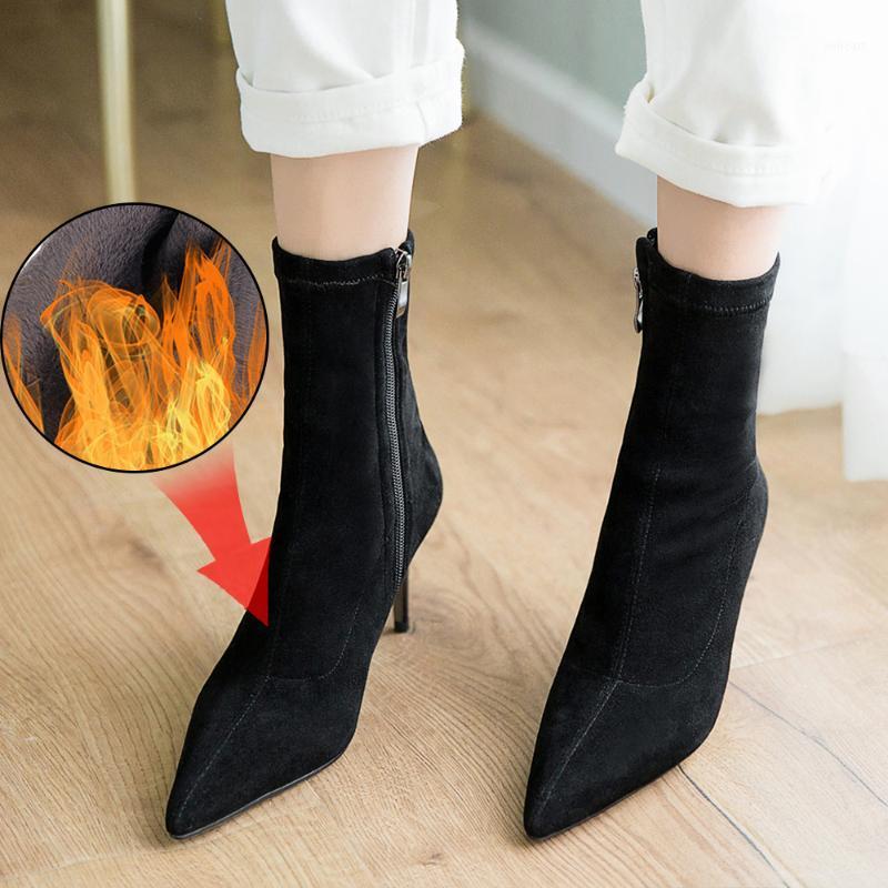 

Plus Size 34-43 Women Sock Boots Pointed Toe Elastic High Slip on Heel High Ankle Pumps Stiletto Botas Mujer Boots Zapatos1, Black
