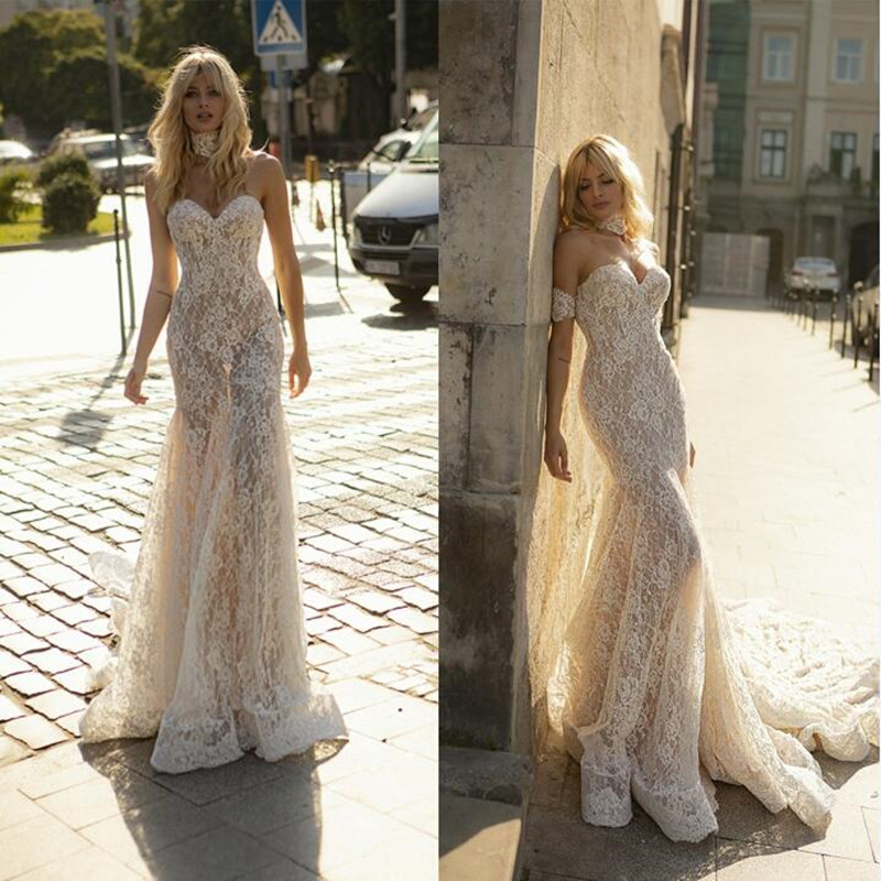 

2021 New Wedding Dresses Sexy Sweetheart Lace Appliques Mermaid Bridal Gowns Custom Made Lace-up Back Sweep Train Wedding Dress, Champagne