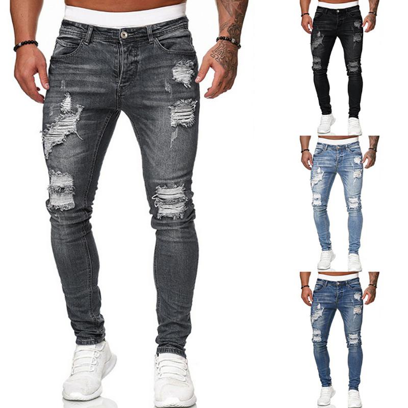 

2020 Big Sale Men's Sweatpants Sexy Hole Jeans Pants Casual Summer Autumn Male Ripped Skinny Trousers Slim Biker Outwears Pants, Grey