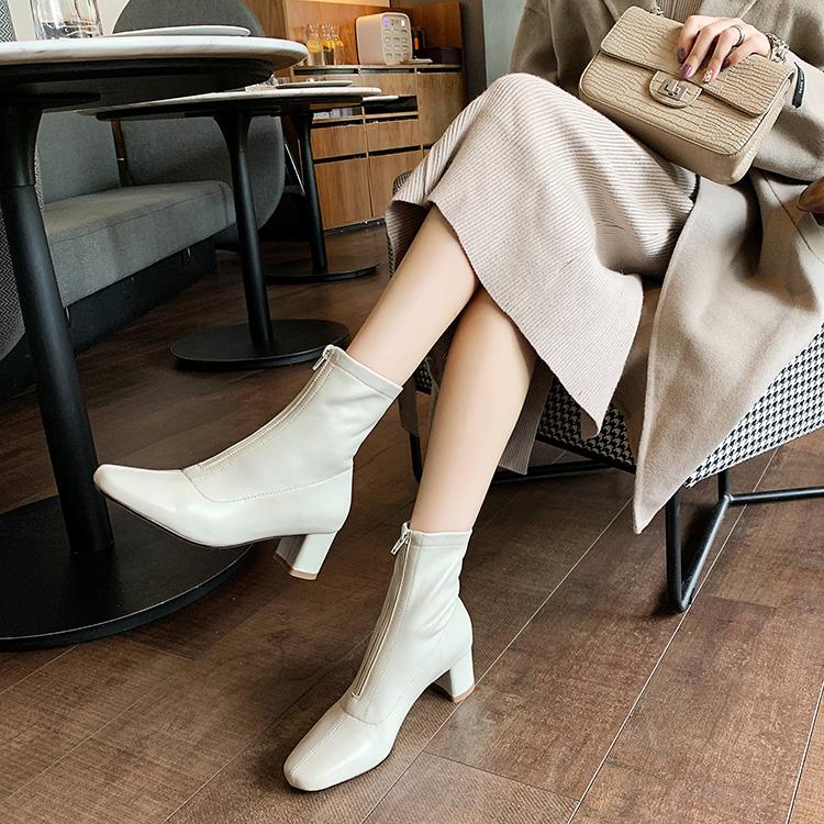 

MORDOAN Leather Sheepskin Boots Platform British Style Zipper Square Toe Flat Single Boot Ankle Boots, White plush lining