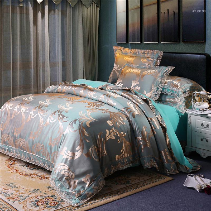 

4 Pieces Silver Brown Luxury Satin Cotton Lace Bedding sets Double Queen King size bedding duvet cover bed sheet set Pillowcases1
