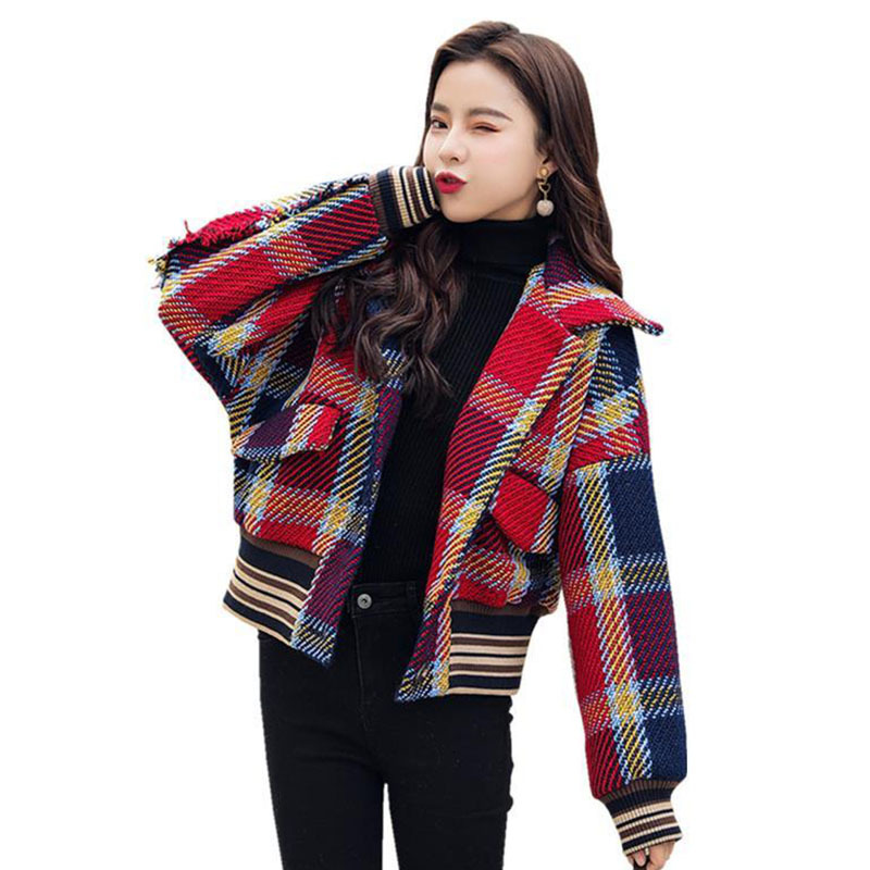 

Female Autumn 2021 New Chess Short Woolen Cardigan Elegant Woman's Loose Clothing Grow Casual Warm Woollen Jacket R663 Mewn, Photo color