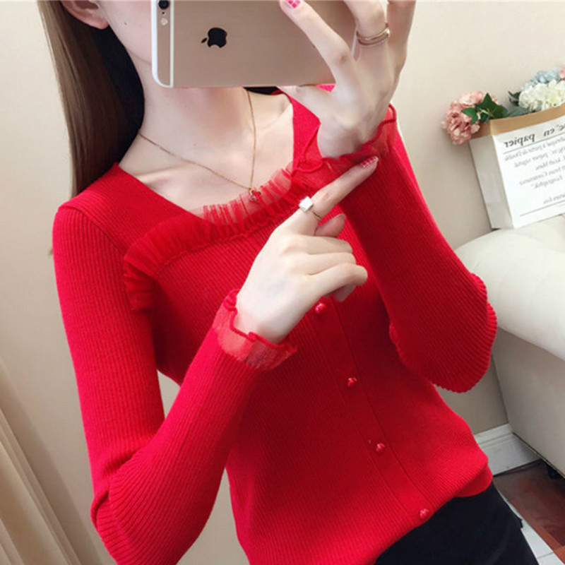 

spring 2021 New retro turtleneck long-sleeve thin-sleeve shirt fitting sweater knitted or crocheted interior of women lace superior KD35, Hong