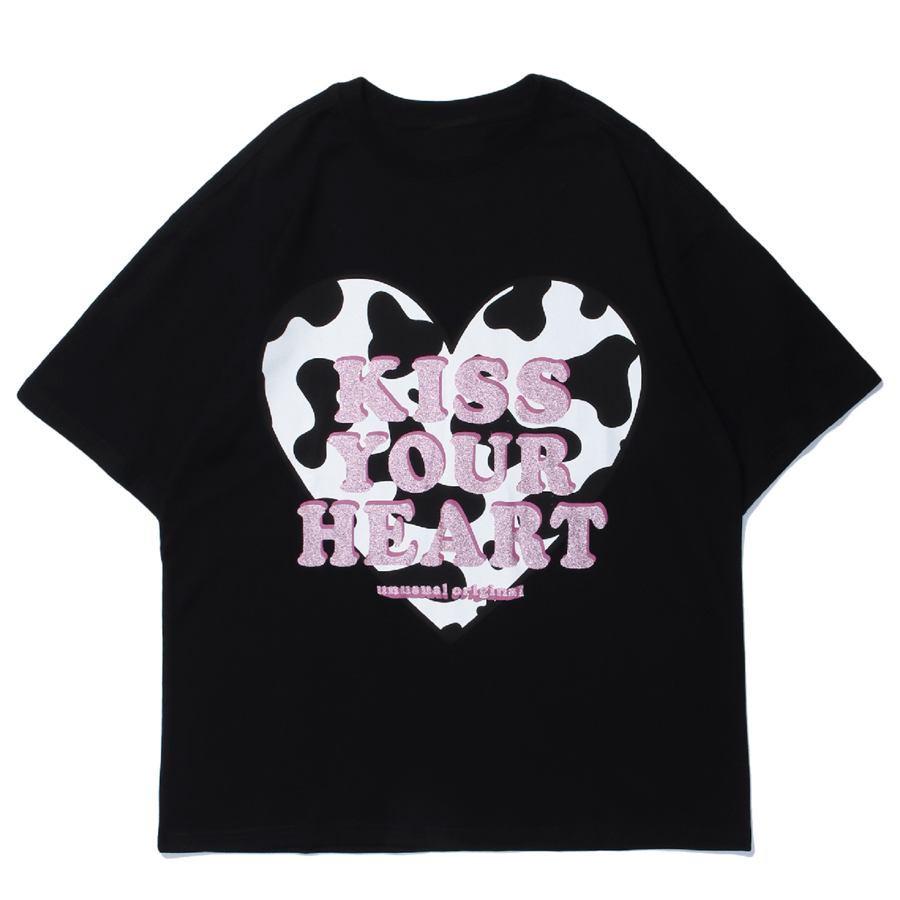 

New Hip Hop t Shirt Women Streetwear Cow Pattern Heart Print Harajuku Short Sleeve Shirts 2021 Summer Loose Cotton Tops Tees Men Nys3, Black