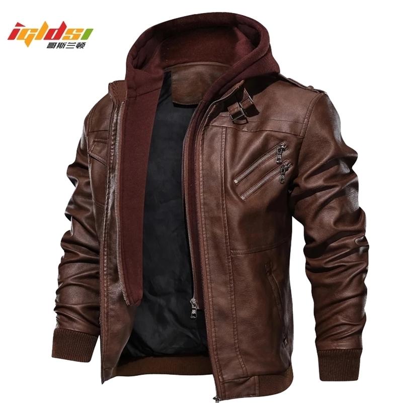 

Men's Autumn Winter Motorcycle Leather Jacket Windbreaker Hooded Jackets Male Outwear Warm Baseball Jackets Plus Size 3XL 201114, Black