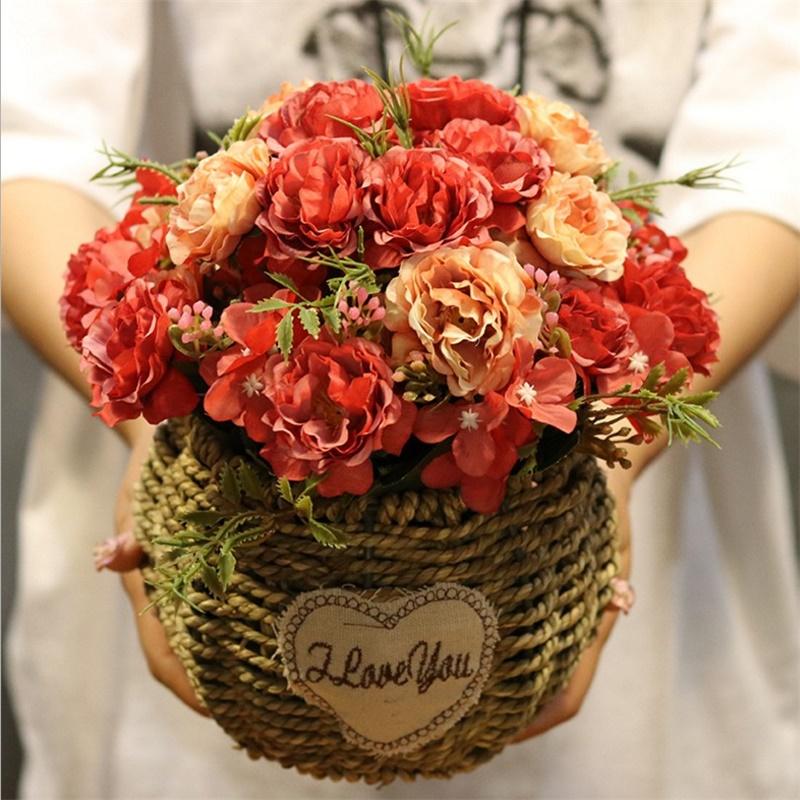 

6pcs/lot Artificial Silk Peony Plastic Flower Bouquets 10 Heads For Home Table Wedding Supplies Vases Arrangements Fake Flowers, Pink
