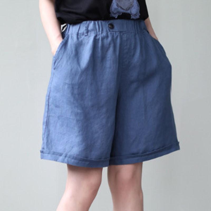 

QPFJQD 2020 Summer Women Pocket Elastic Waist Wide Leg Shorts Loose Casual Cotton Linen Vintage Ladies Short Pants 4 Color, Black