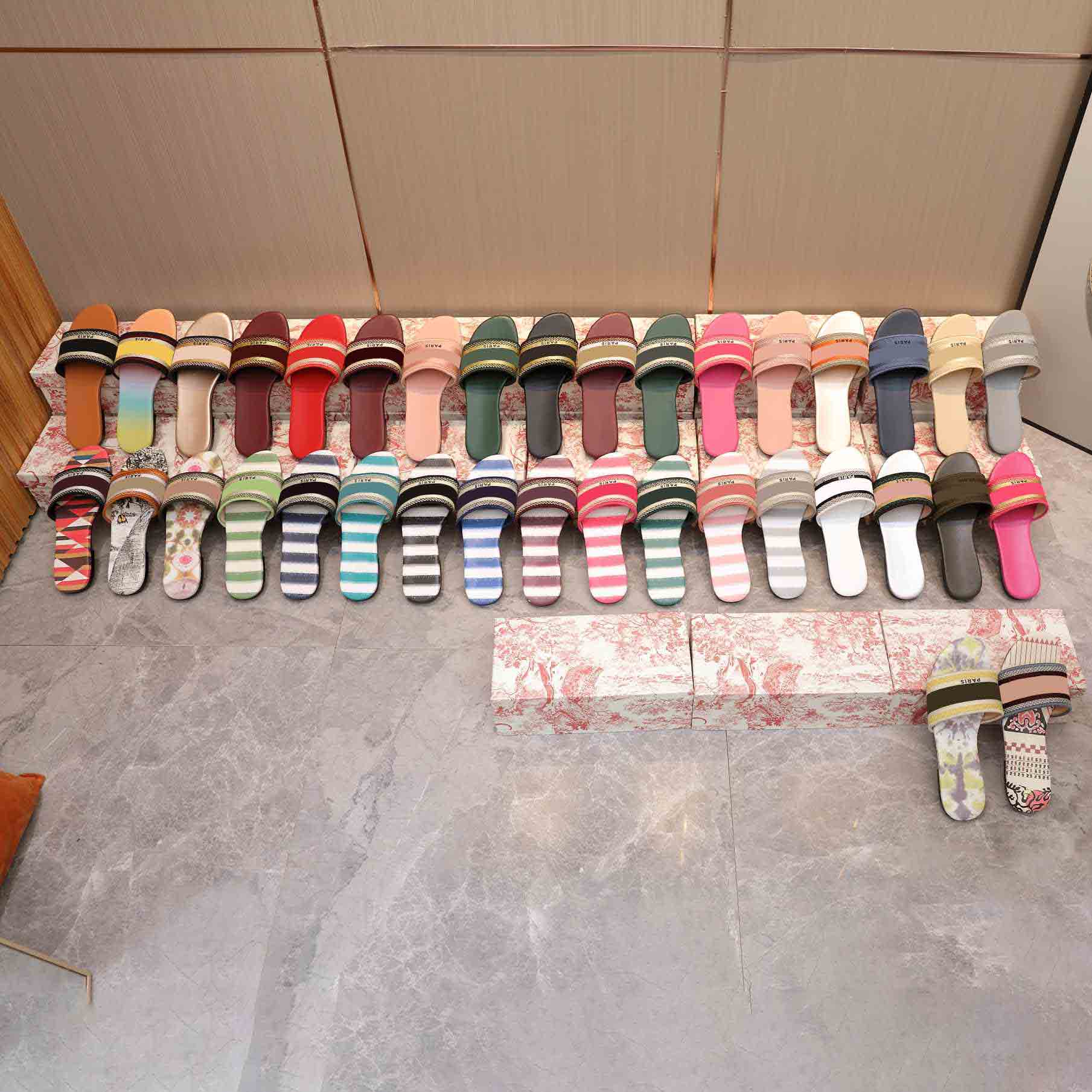 

Paris Womens Dway cotton Slippers Beautiful Scuffs Shoes Summer cool Beach sandals Slide Girls Flat Slipper Ladies Flip Flops Knitted Embroidery slides with box, 16