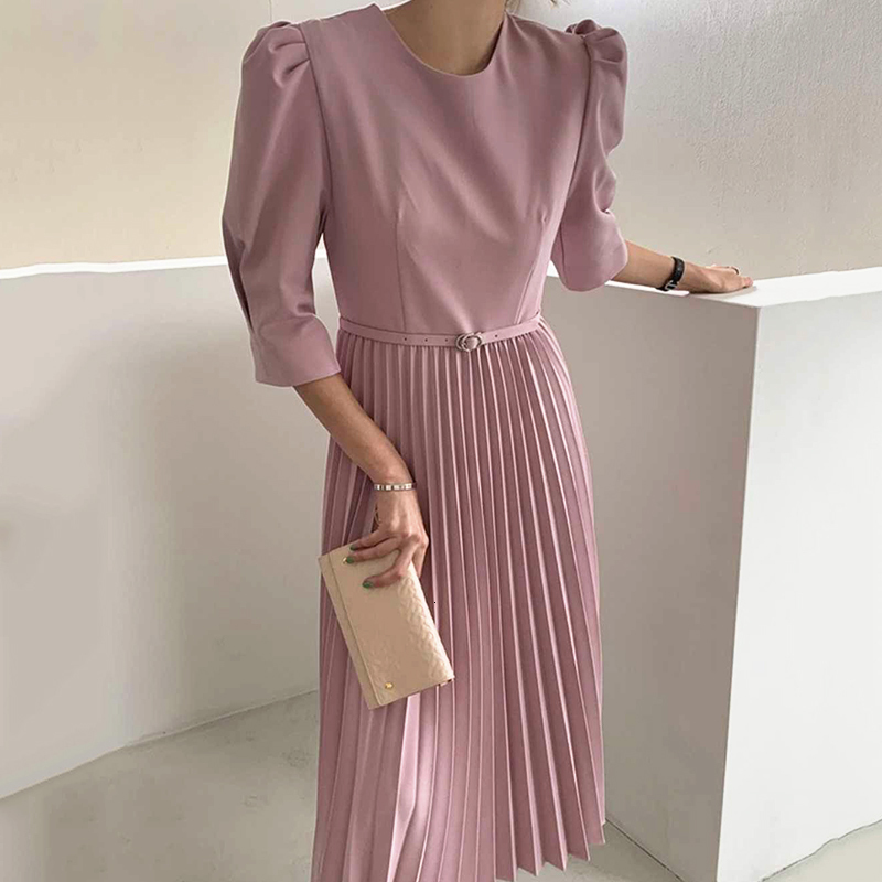 

2021 New Dressed Elegant Female Plight Solid to the Neck Half Sleeve Puff Dress Waist Mid-calf To-line Wear Spring F5J1, Pink.