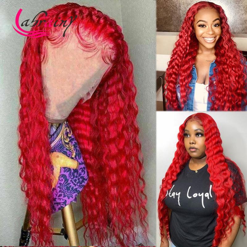 

99J Red 13X6 HD Transparent Lace Frontal Human Hair Wigs Kinky Curly Burgundy Lace Front Wig Deep Wave PrePlucked Bleached Knots, As pic