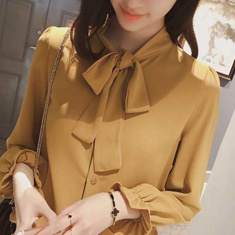

Fashion Women Sweet Bow Tie Neck Ruffles Chiffon Shirts Full Sleeve Loose Blouse Ladies Casual Solid Tops Blusas, Brown