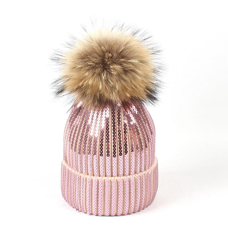

Sequin hat women raccoon hair ball curling wool pompom hat autumn winter outdoor warm earmuffs knitted Skullies & Beanies, White