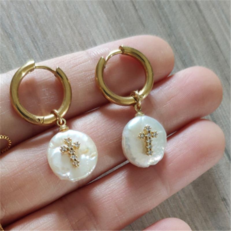 

Tiny Gold White CZ Paved Religious Cross Charm Natural Freshwater Pearl Bead Pendant Stainless Steel Women Hoop Earring For Gift