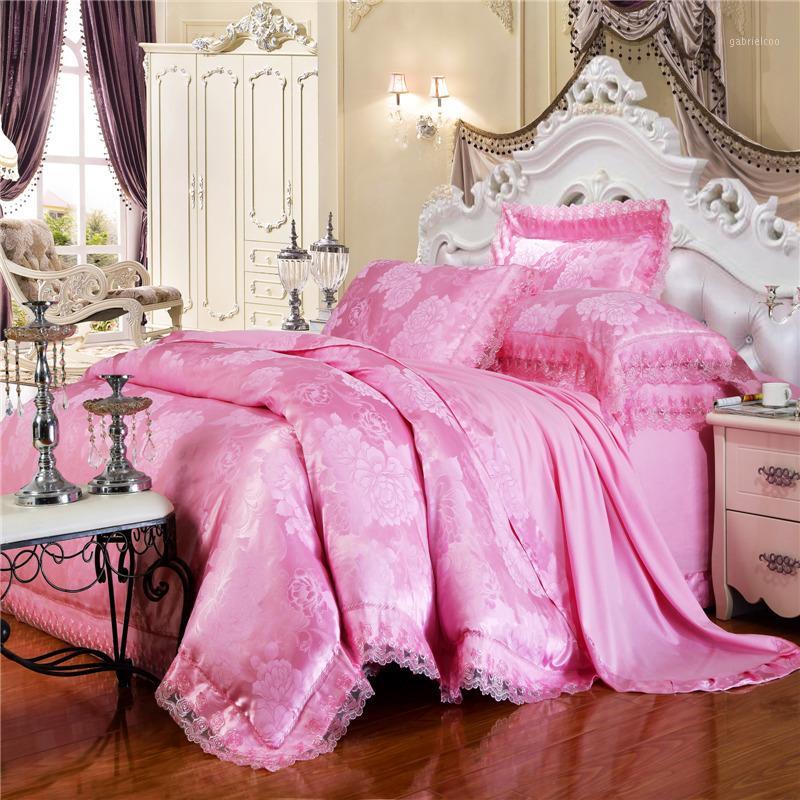 

juego de ropa de cama Modal Satin Jacquard Cotton Lace Pure Cotton Style Bedding Set Quilt Cover Sheet Pillowcase 4pcs Set1, Stian-2