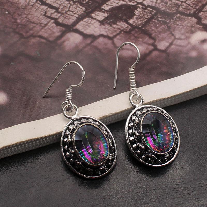 

Natural Vintage Rainbow Fire Mystic Topaz925 Sterling Silver Color Ladies Dangle Earrings 1 1/2 Inch TF101 Free Shipping
