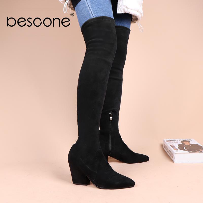 

Bescone Concise Style Mature Over-the-knee Boots Woman Suede Solid Black Pointed Toe High Square Heel Long Boots Shoe BC926, Short boots